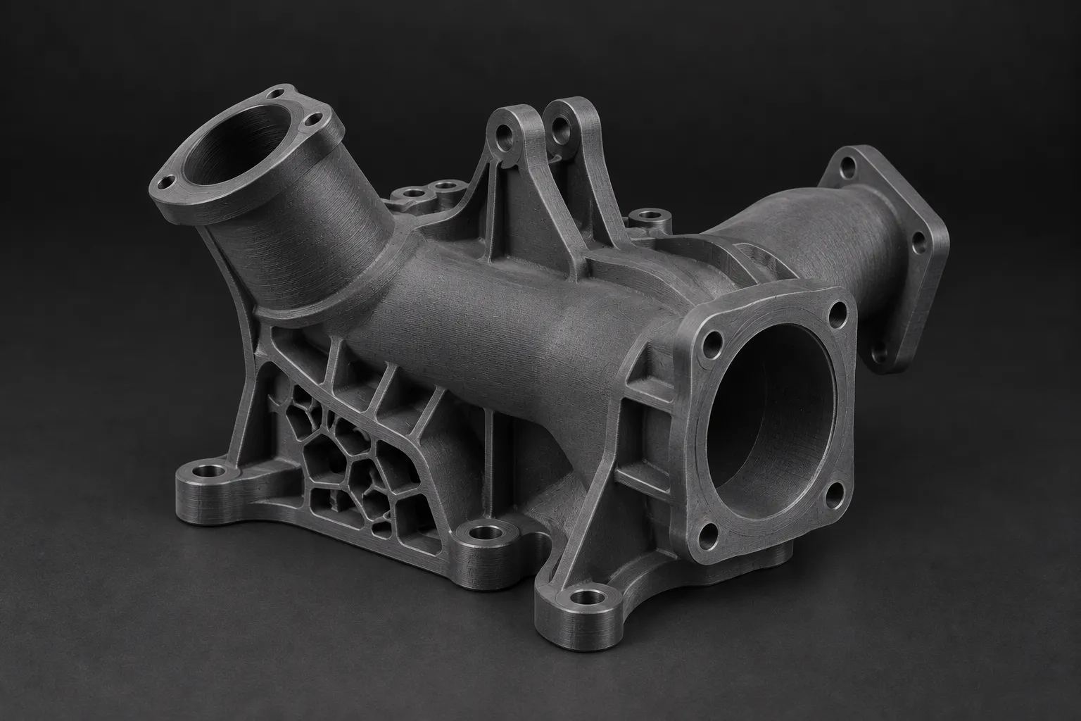 Complex matte printed nylon duct with reinforcing ribs and visible layer lines