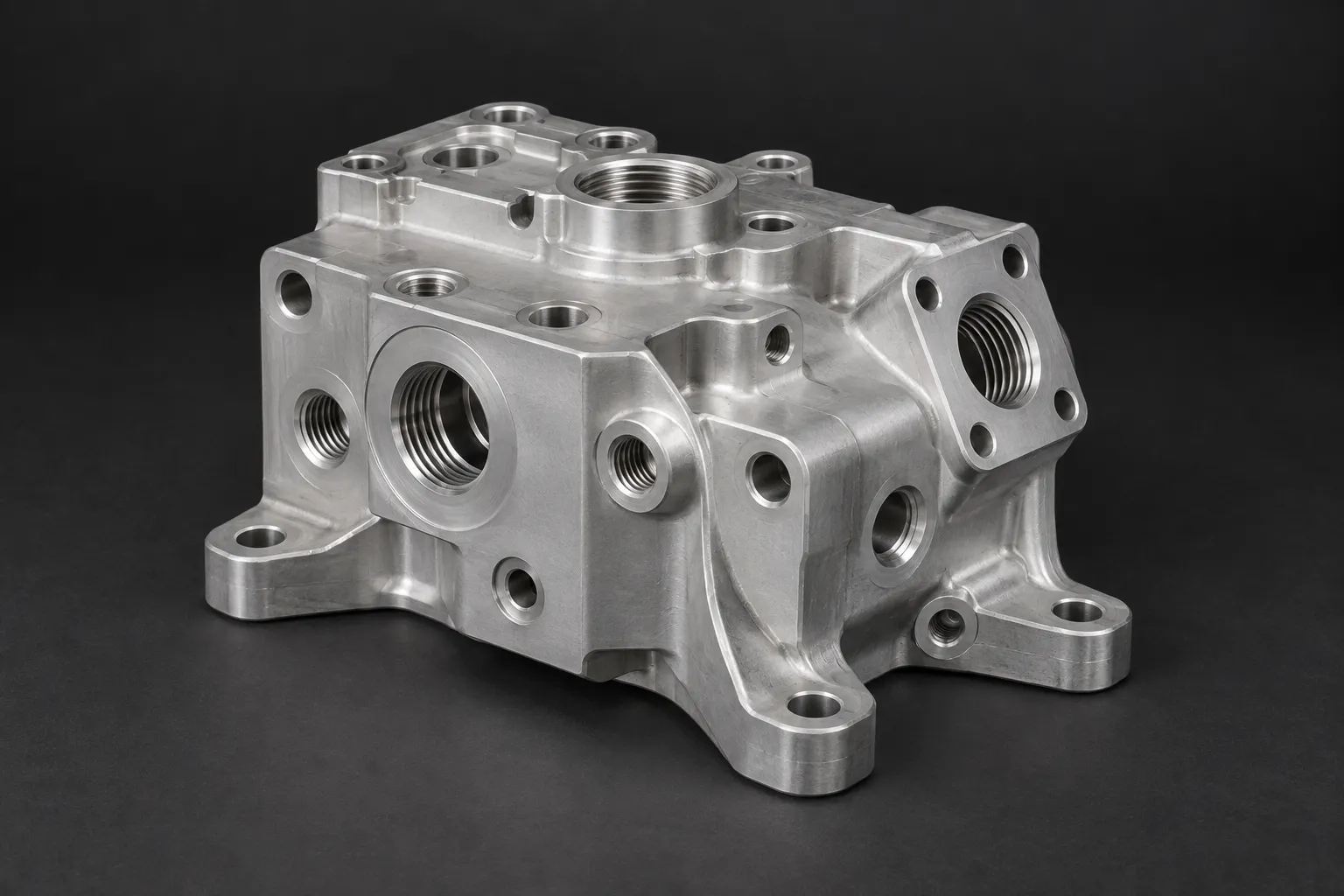 Complex satin aluminium manifold with angled ports and machined pockets