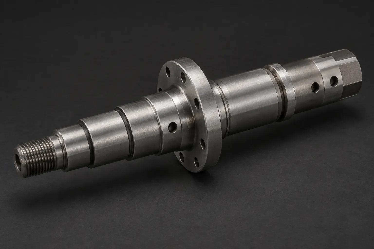 Precision turned steel spindle with stepped diameters, threads and a drilled flange