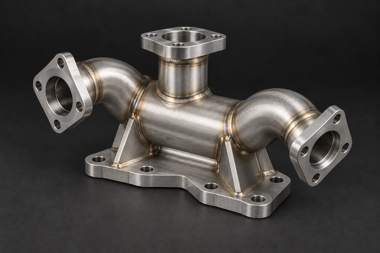 Fabricated stainless steel manifold with visible TIG weld beads