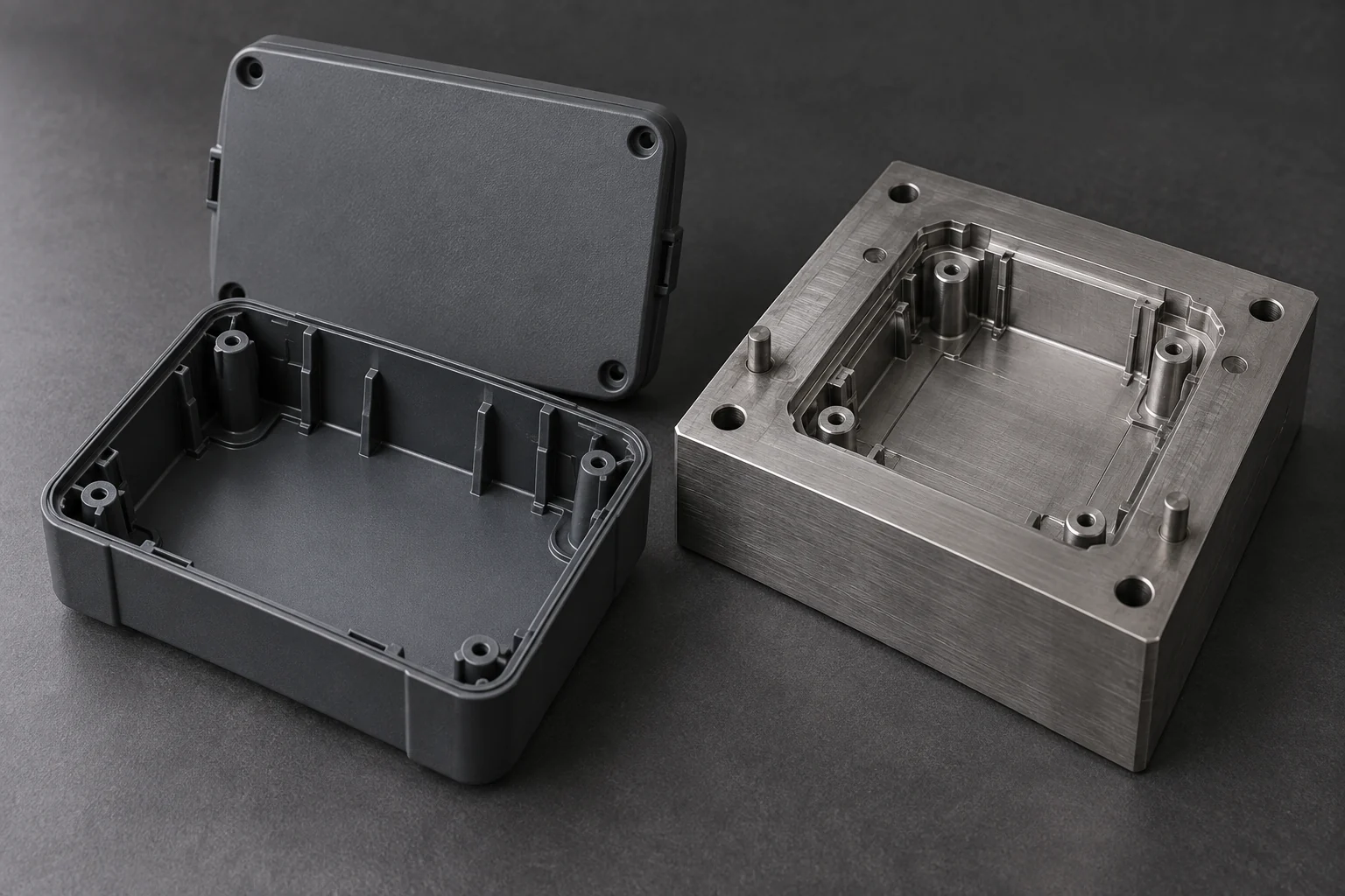 Illustrative polymer enclosure and tooling insert, showing ribs, mounting bosses and the relationship between part and tool.