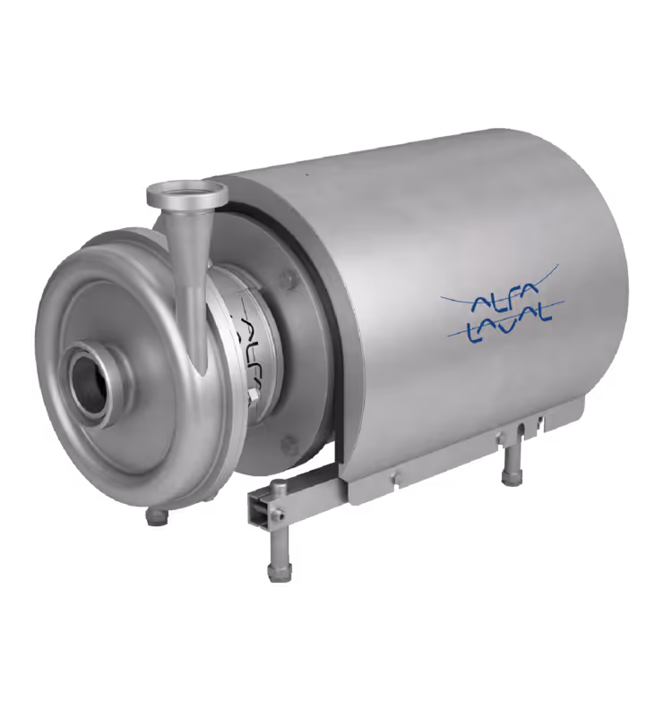 Industriell sentrifugalpumpe i rustfritt stål med Alfa Laval-logo.
