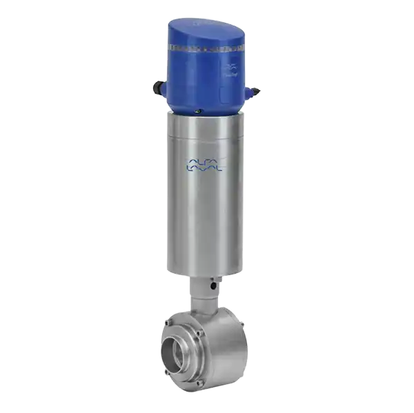 Metallventil med blå motor i toppen med logoen Alfa Laval.