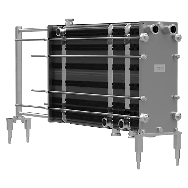 Platevarmeveksler med metallplater og rør, brukt for væske- eller gassvarmeutveksling.