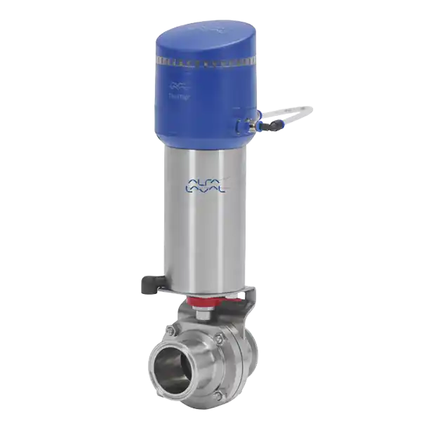 Alfa Laval butterfly ultra-pure valve with a blue actuator on top and stainless steel body.