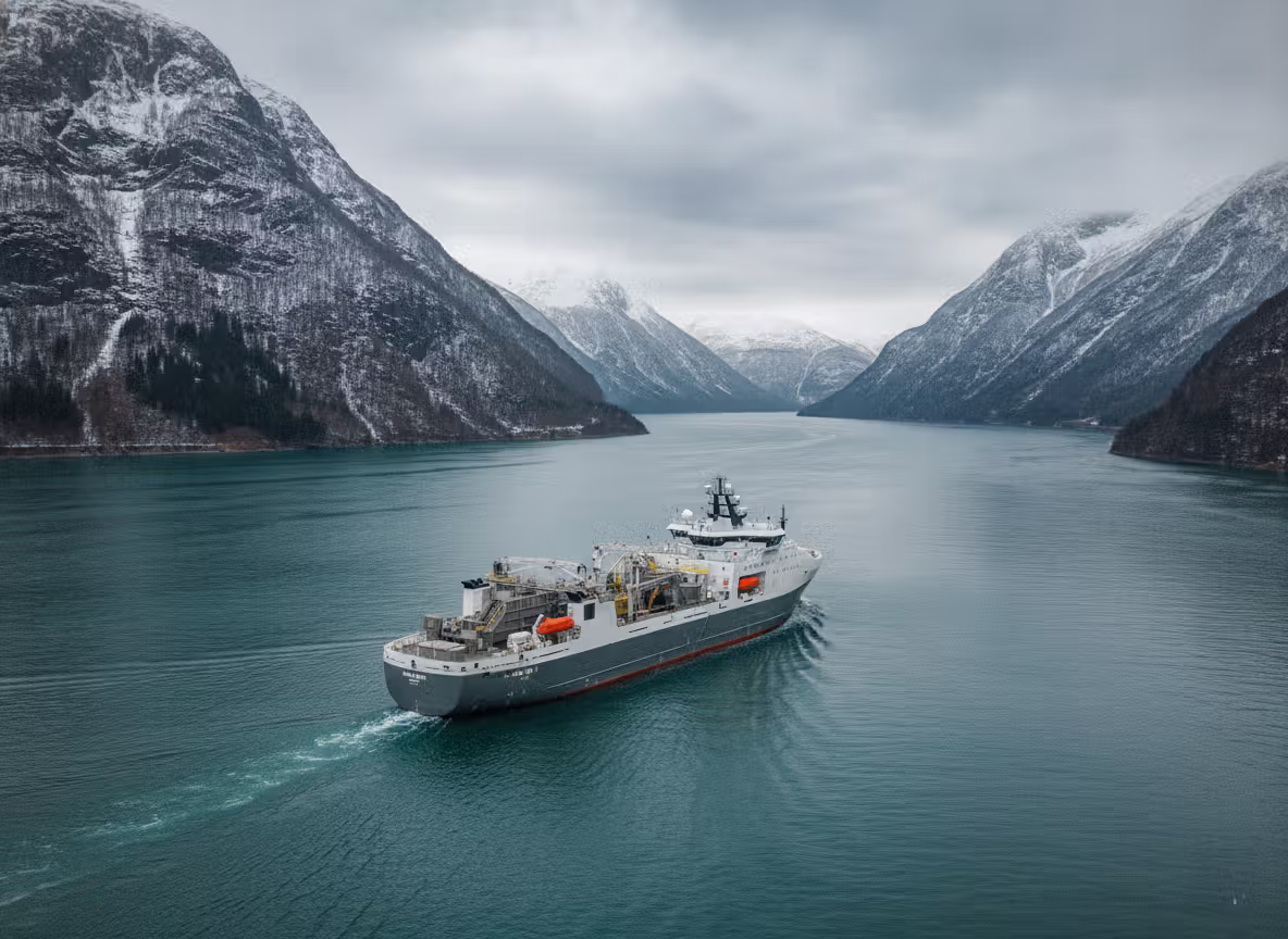 Fartøy som seiler gjennom norsk fjord omgitt av snødekte fjell og grå himmel.