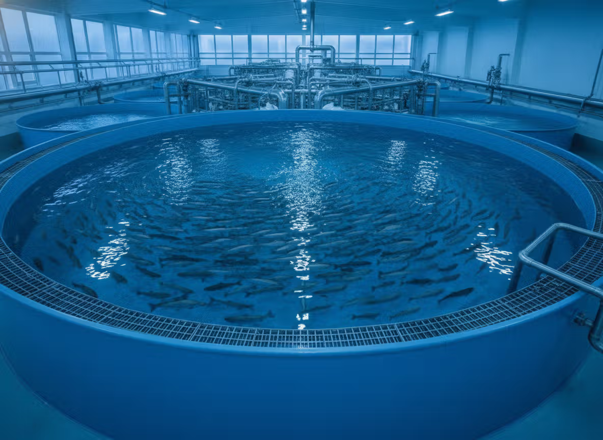 Rund tank med mange fisk i et landbasert oppdrettsanlegg med teknisk utstyr i bakgrunnen.