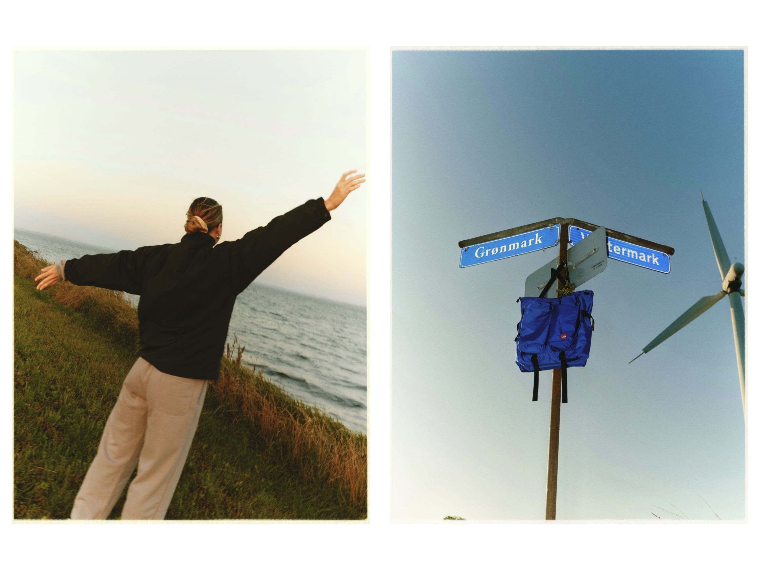 Model and blue RedBox bag near wind turbines