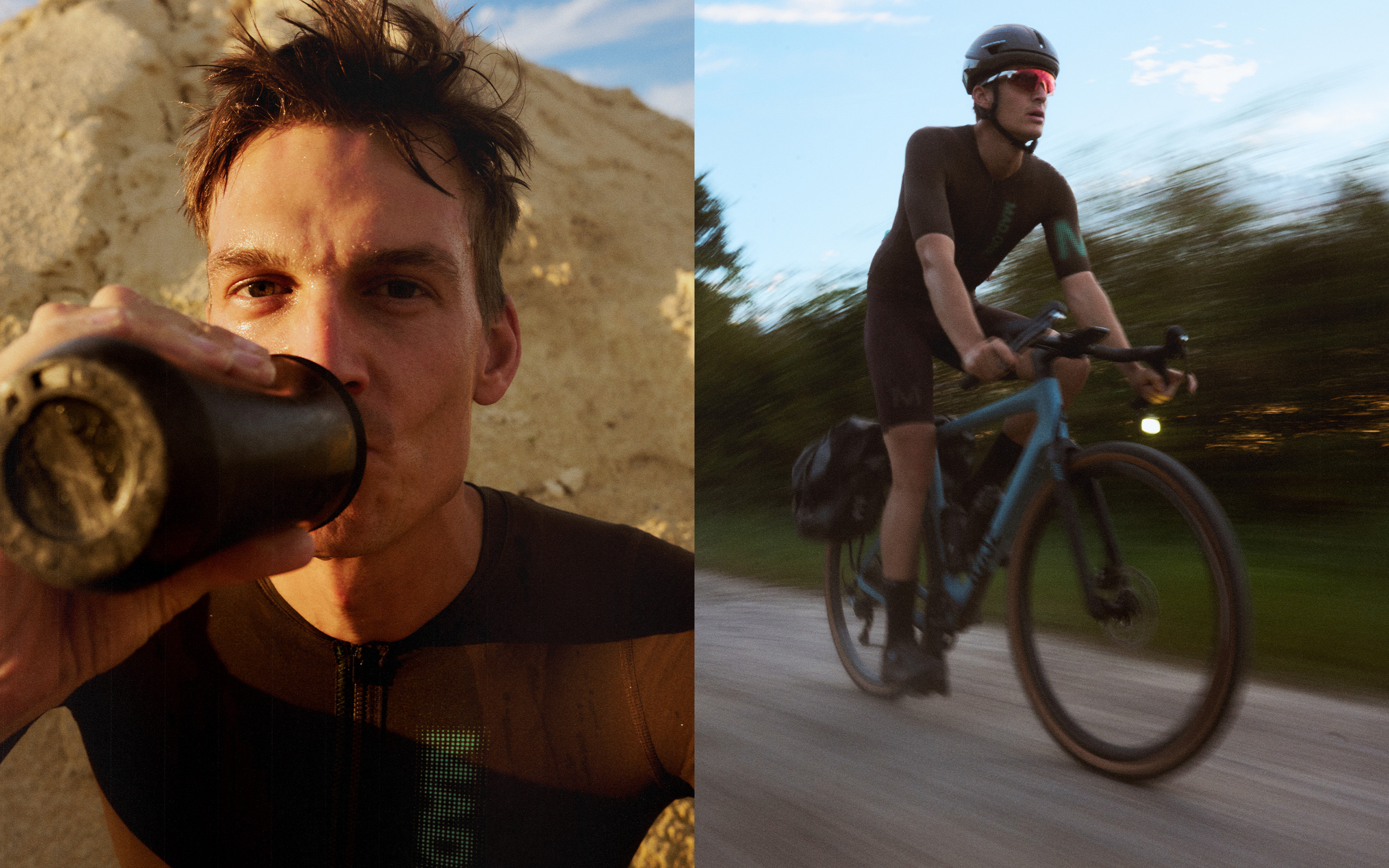 A rider taking a water break beside a cyclist in motion, in a two-image editorial layout.