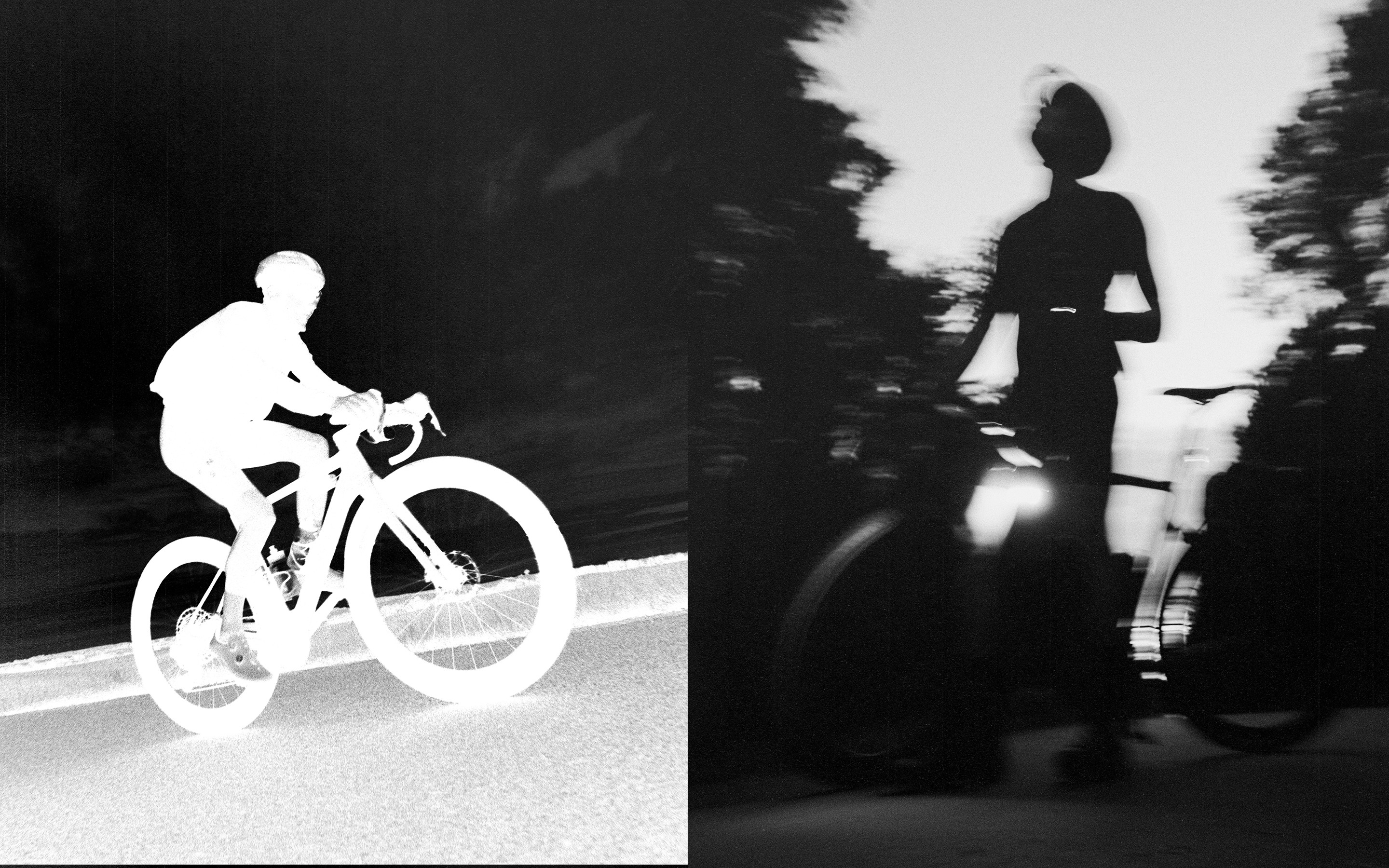 Black-and-white and inverted photographs of cyclists in motion, paired in an editorial spread.