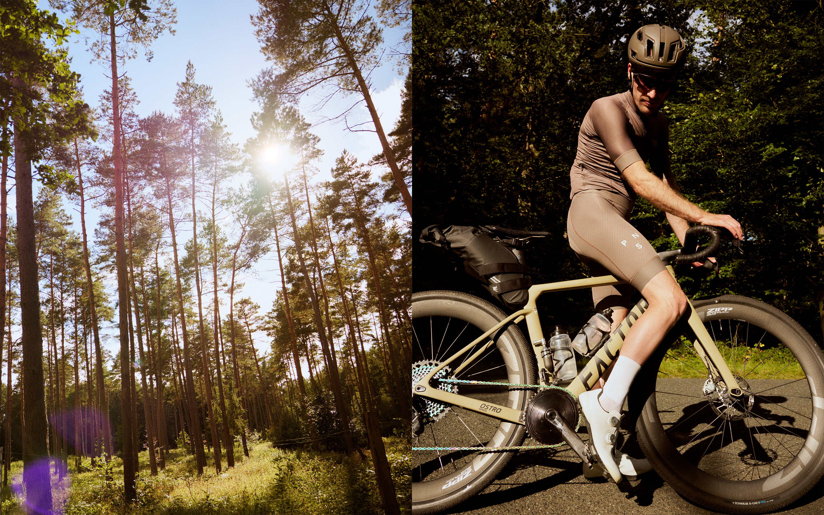 A bikepacking editorial spread pairing sunlit forest with a cyclist on a loaded bicycle.