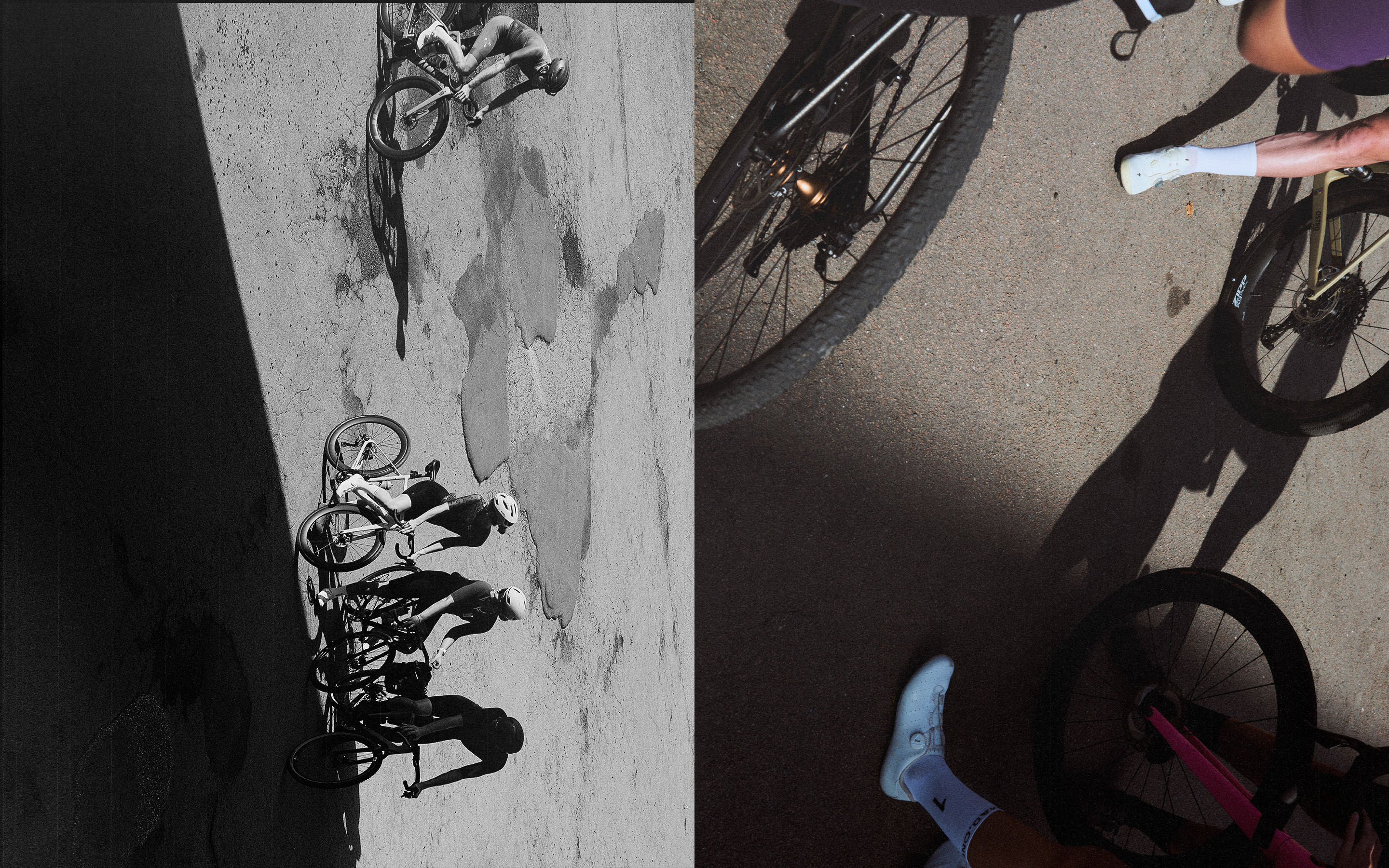 An editorial diptych combines friends with bicycles and an overhead cycling detail.