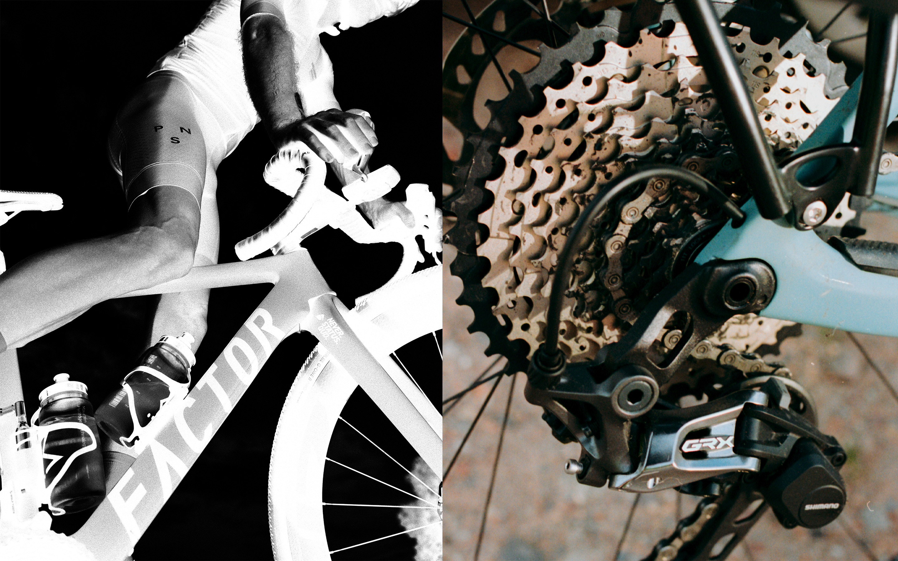 An editorial spread pairing an inverted rider photograph with a close-up of bicycle gears.