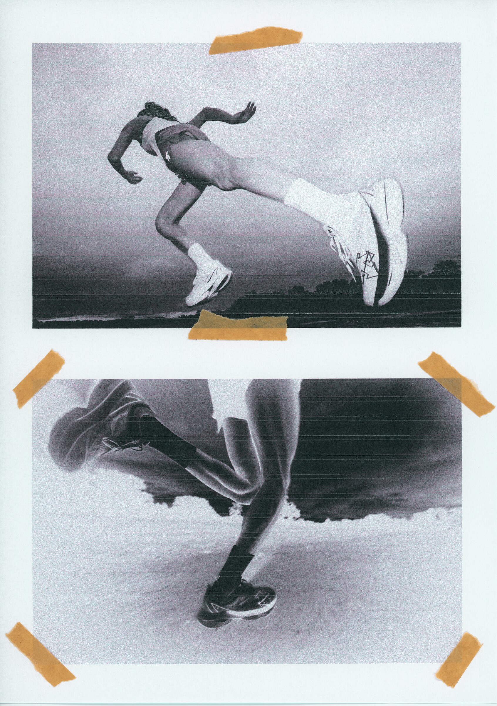 DESCENTE Athletic Originals: Taped monochrome running photographs arranged in a two-frame collage.