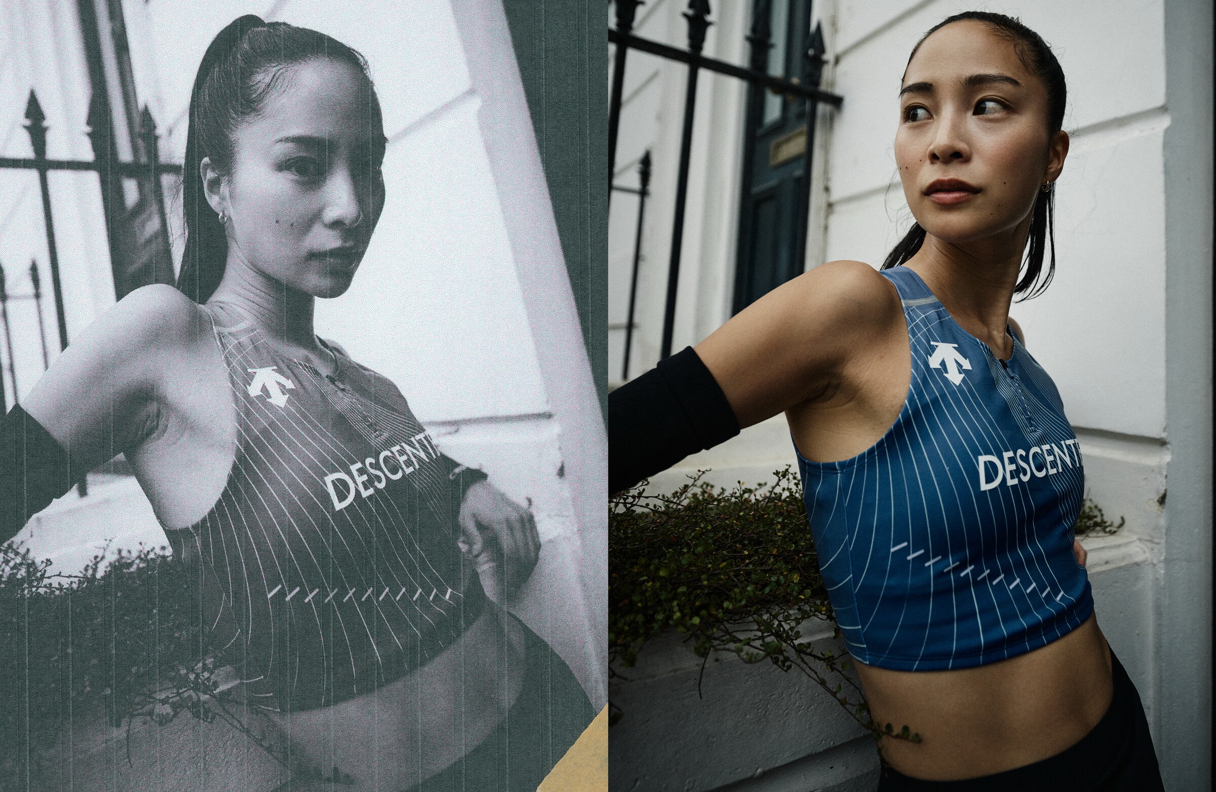 DESCENTE Athletic Originals: Black-and-white and colour portraits of a runner in a blue DESCENTE top.