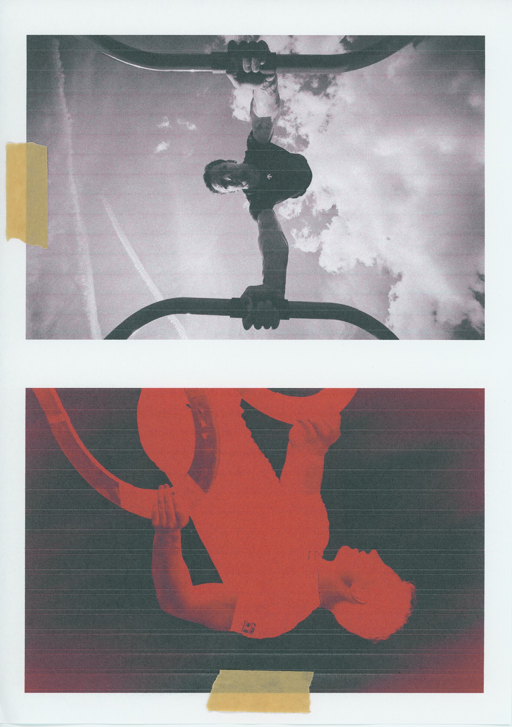 DESCENTE Athletic Originals: Black-and-white and red training photographs arranged as a taped collage.