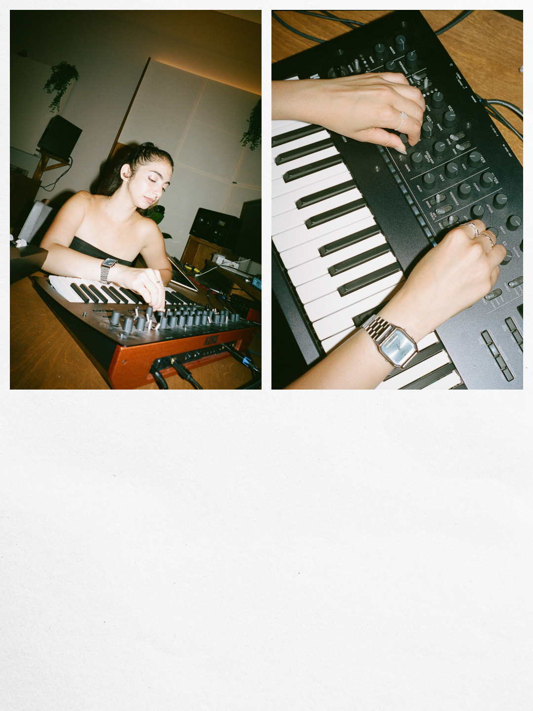 Arc'teryx Translating Flow State: Analog diptych of a sound artist and hands working on a synthesizer.