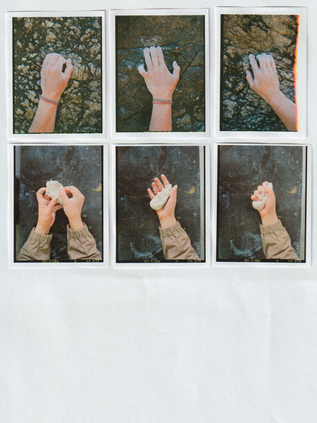 Arc'teryx Translating Flow State: Six-frame contact sheet pairs hands on rock with the tactile process of making.