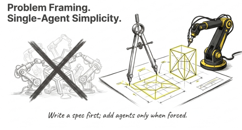 Problem framing and single-agent simplicity: write a spec first, add agents only when forced