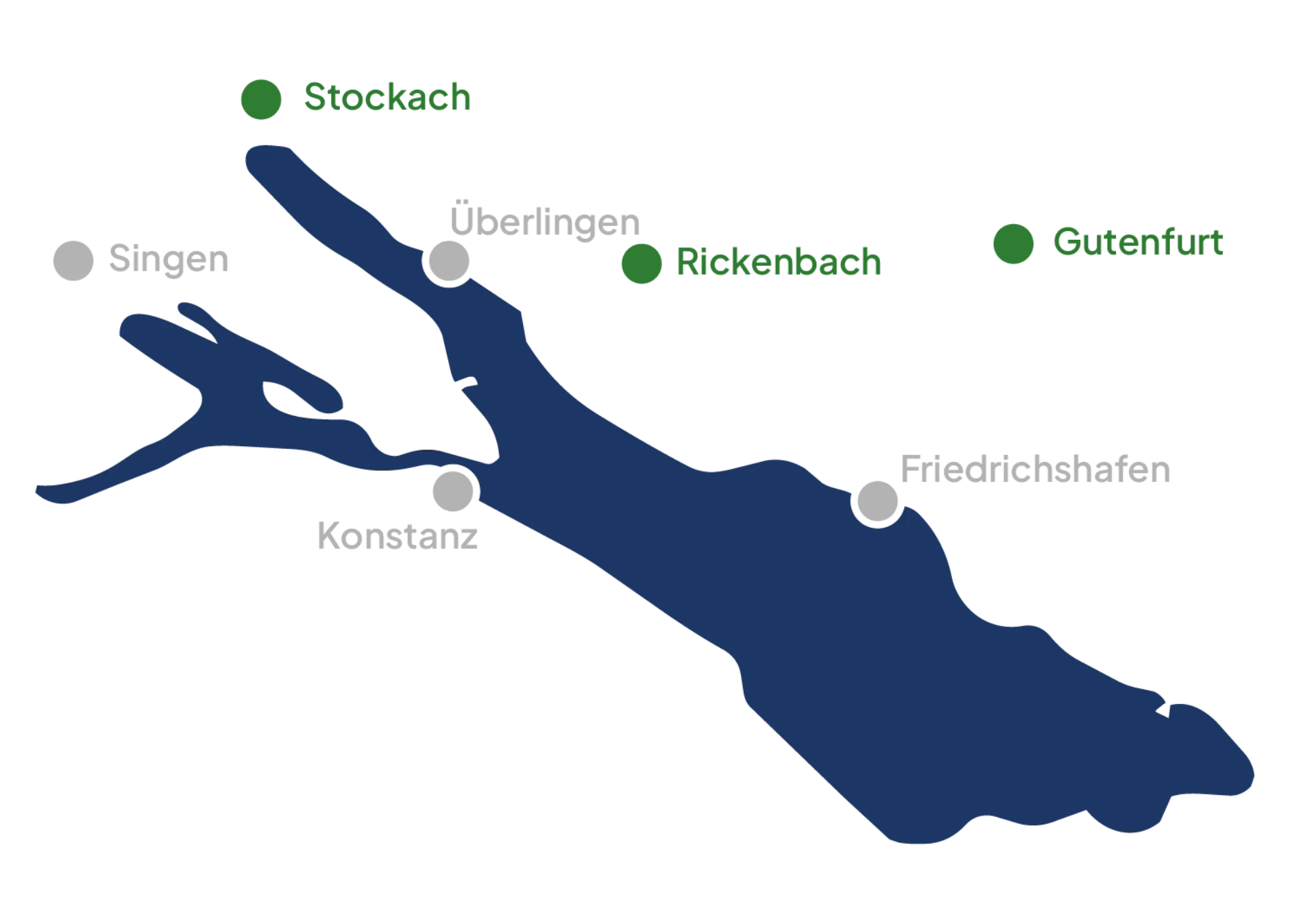 Karte des Bodensees mit den Standorten Stockach, Rickenbach und Gutenfurt