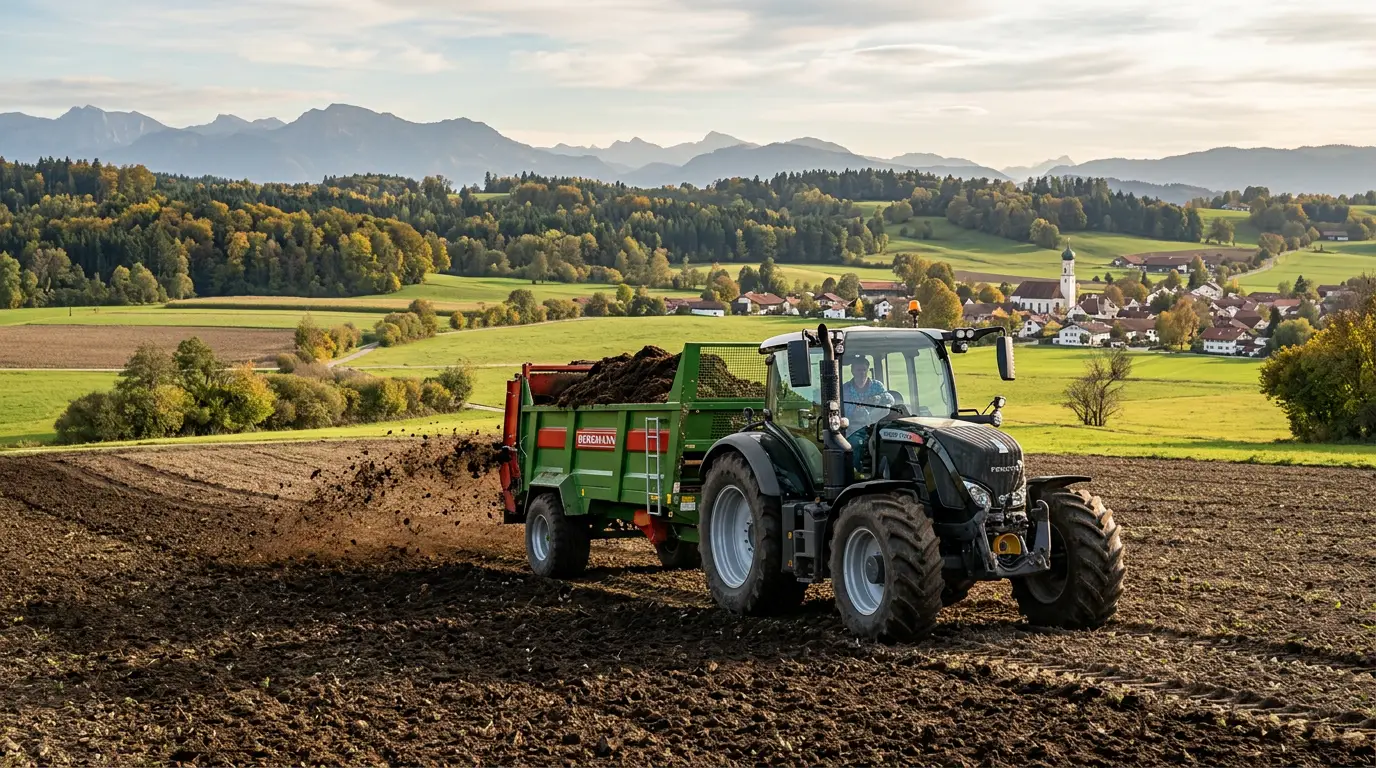 Traktor mit Streuer verteilt Material auf einem Acker