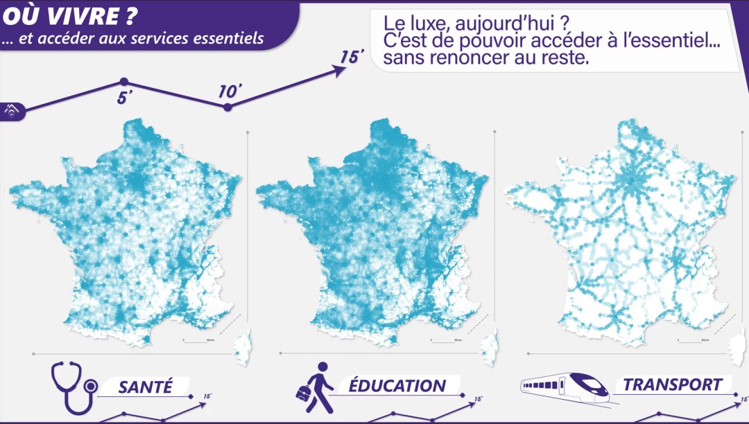 Illustration présentant trois cartes de France stylisées montrant la proximité aux services essentiels en 5, 10 et 15 minutes : santé, éducation et transport, à travers une approche géographique d’accessibilité.