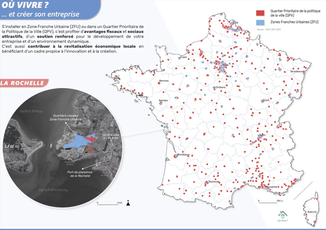 Carte des Quartiers Prioritaires de la Politique de la Ville (QPV) et des Zones Franches Urbaines (ZFU) en France métropolitaine, avec un zoom sur La Rochelle montrant les quartiers classés en ZFU et QPV autour du centre-ville et du port, illustrant l’attractivité fiscale et le soutien à la revitalisation économique locale. Sources : ANCT (ZFU, QPV).