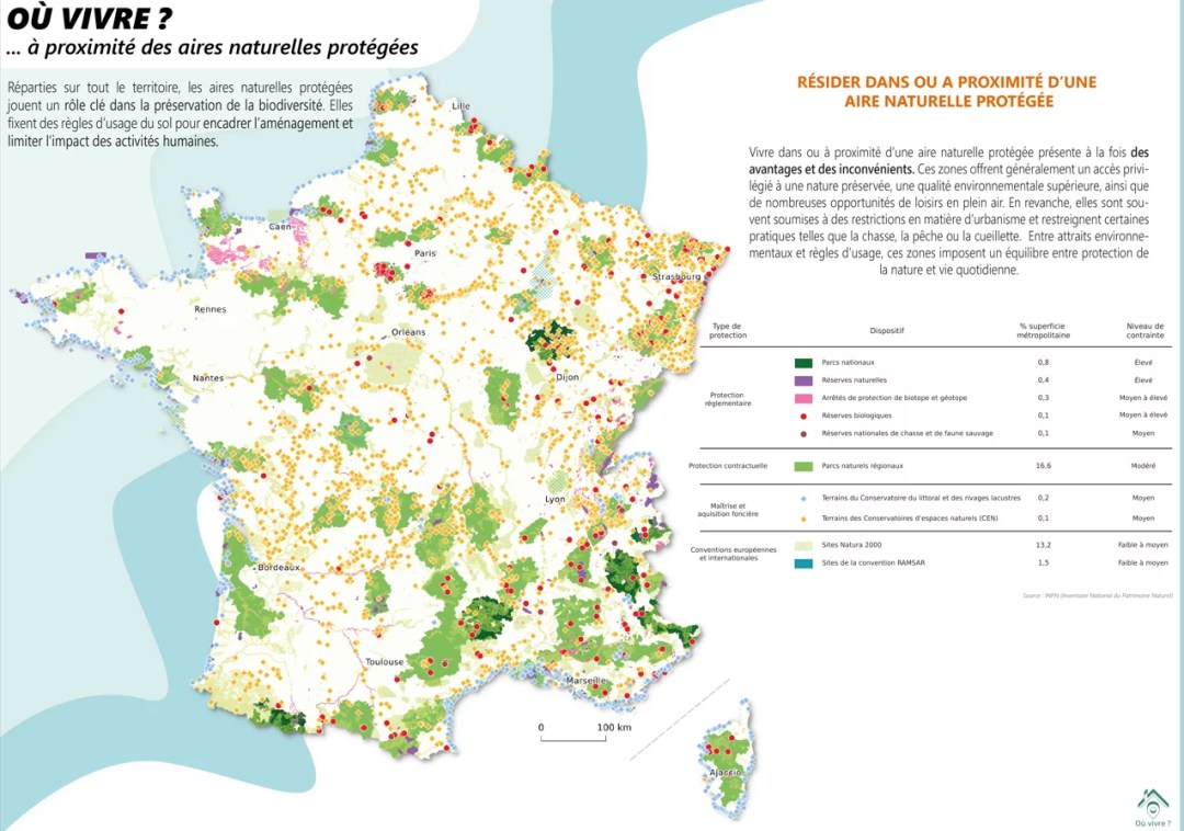 Carte des aires naturelles protégées en France métropolitaine : parcs nationaux, parcs naturels régionaux, réserves naturelles, arrêtés de protection, terrains du Conservatoire du littoral et sites Natura 2000. Visualisation de la répartition spatiale, du niveau de contrainte réglementaire et des enjeux de biodiversité autour des zones protégées. Sources : INPN (Inventaire national du patrimoine naturel), MNHN, Conservatoire du littoral, Commission européenne — Natura 2000.