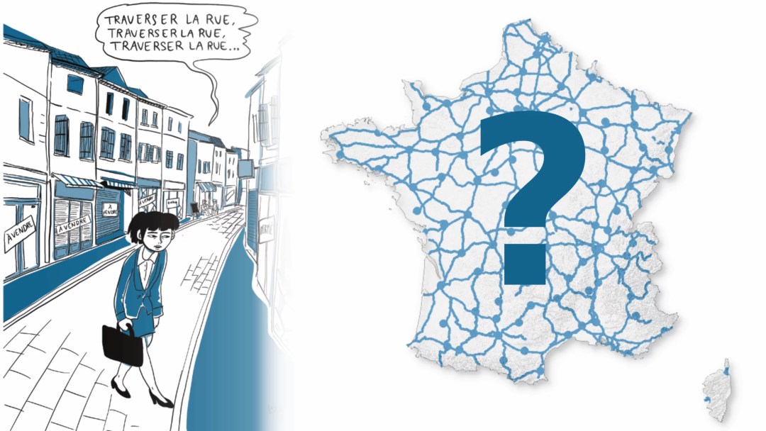 Illustration montrant une jeune personne marchant dans une rue commerçante française avec de nombreuses vitrines « à vendre », l’air préoccupé en répétant « traverser la rue ». À droite, une carte de la France avec un grand point d’interrogation bleu sur un réseau de lignes symbolisant les mobilités et opportunités territoriales. L’image introduit une réflexion sur l’accès à l’emploi, l’attractivité économique et la géographie des opportunités selon les territoires.