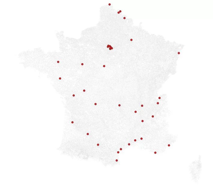 Carte des villes présentes à la fois dans des palmarès positifs et dans les mauvais classements participatifs.