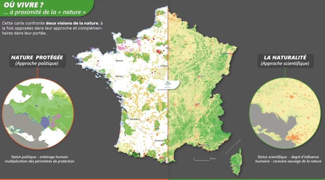 Carte comparant les statuts de protection et la naturalité réelle en France.