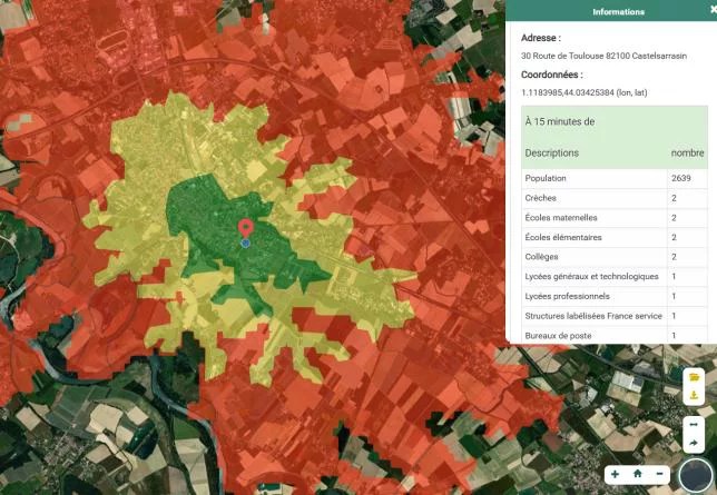 Simulation d’accessibilité autour d’une adresse à Castelsarrasin.