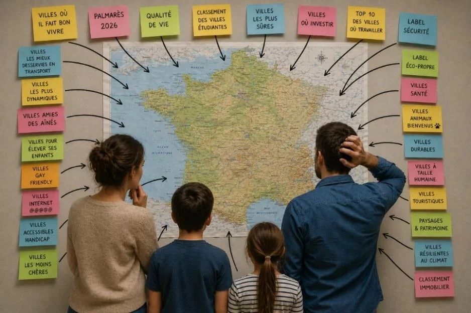 Famille observant une carte de France avec des critères de choix résidentiel.