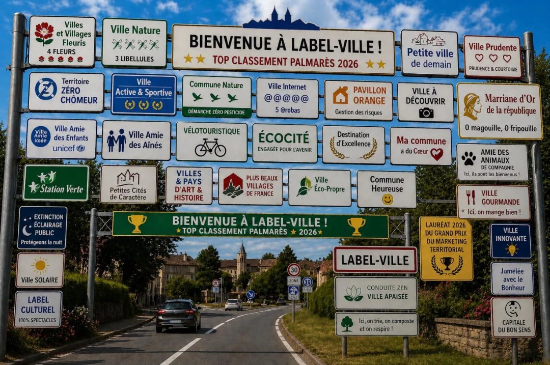 Panneau d'entrée de commune recouvert de labels territoriaux fictifs.