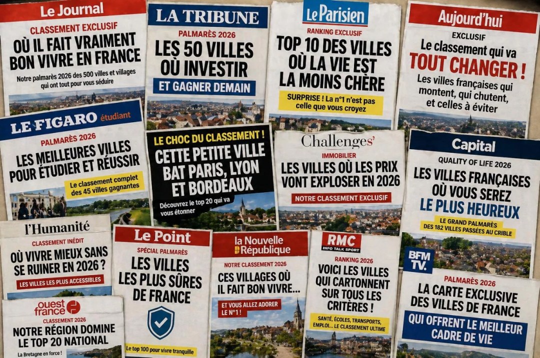 Mosaïque de unes de presse fictives consacrées aux classements des villes où vivre.