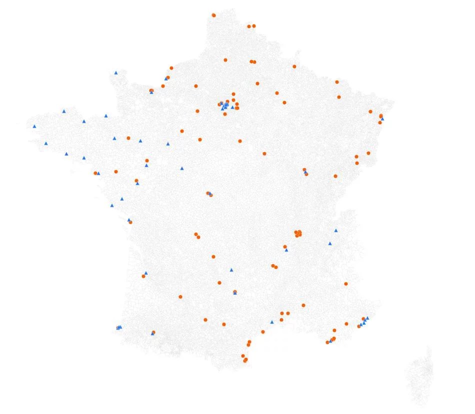 Carte de superposition des communes du top 50 et des communes adhérentes au label VVV.