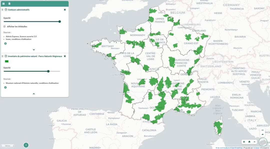Carte de France montrant la couverture des 51 parcs naturels régionaux.