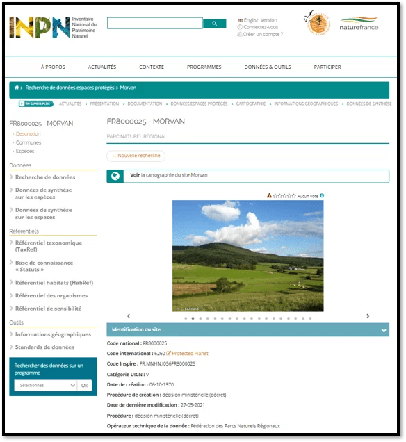 Capture d'une fiche de l'inventaire du patrimoine naturel du parc de Morvan.