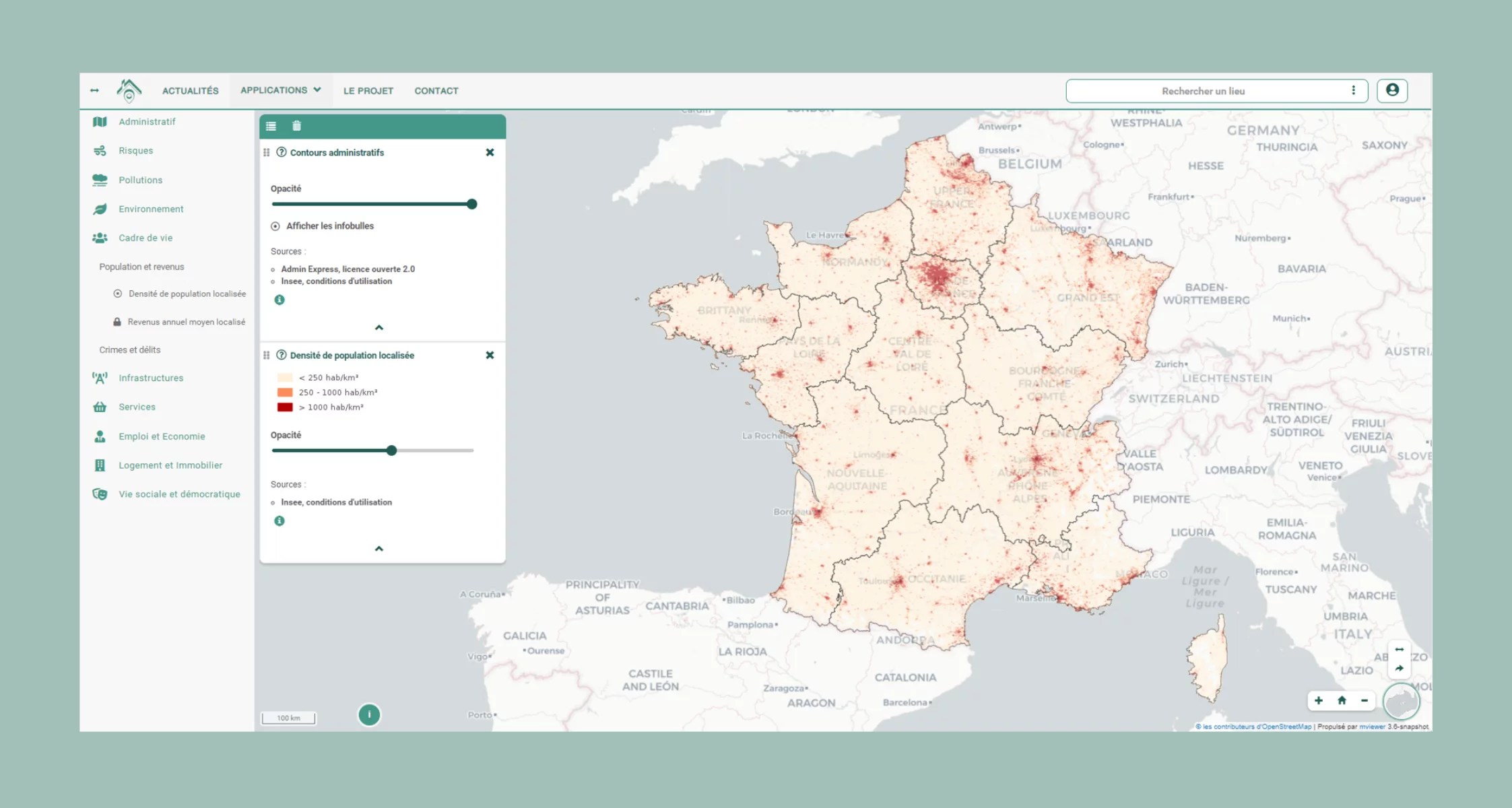 Carte de la densité de population en France selon le nombre d’habitants avec dégradé de couleurs.
