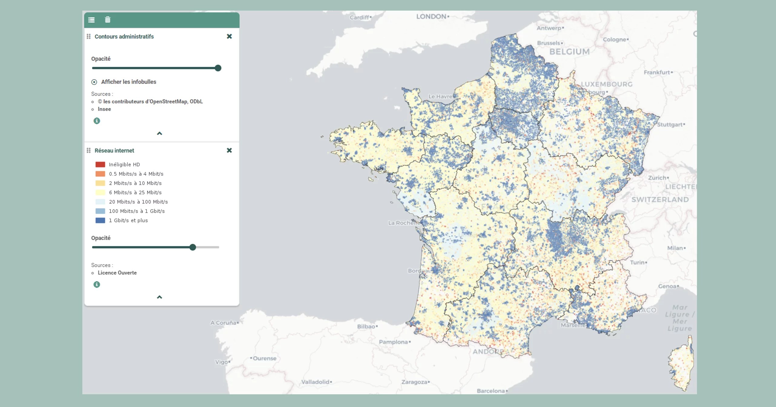Carte montrant la vitesse du débit internet en France.