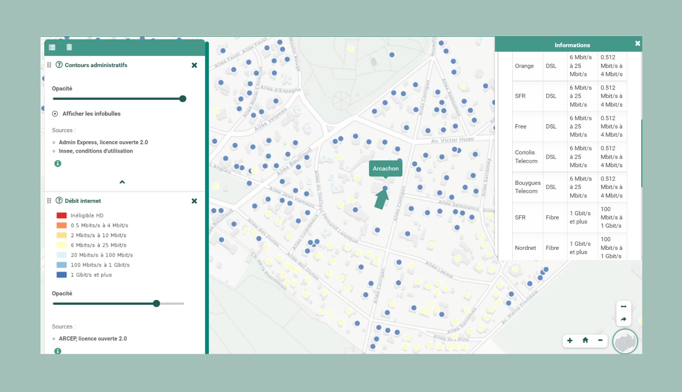Carte montrant le débit internet d’une habitation précise à Arcachon.