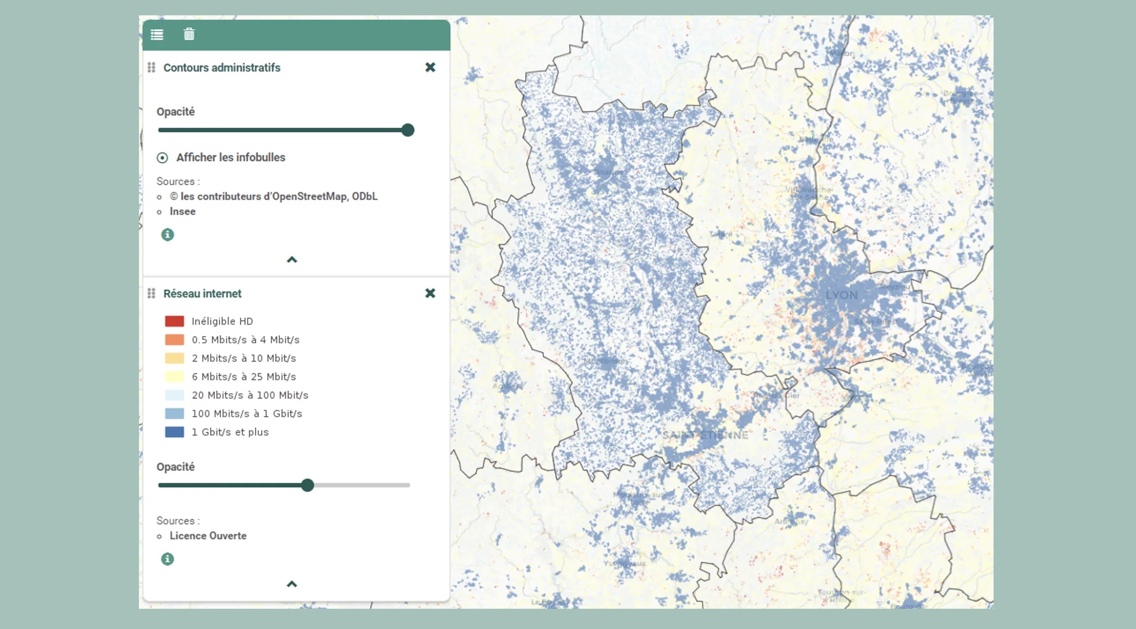 Carte montrant les inégalités de déploiement de la fibre entre le Rhône et la Loire.