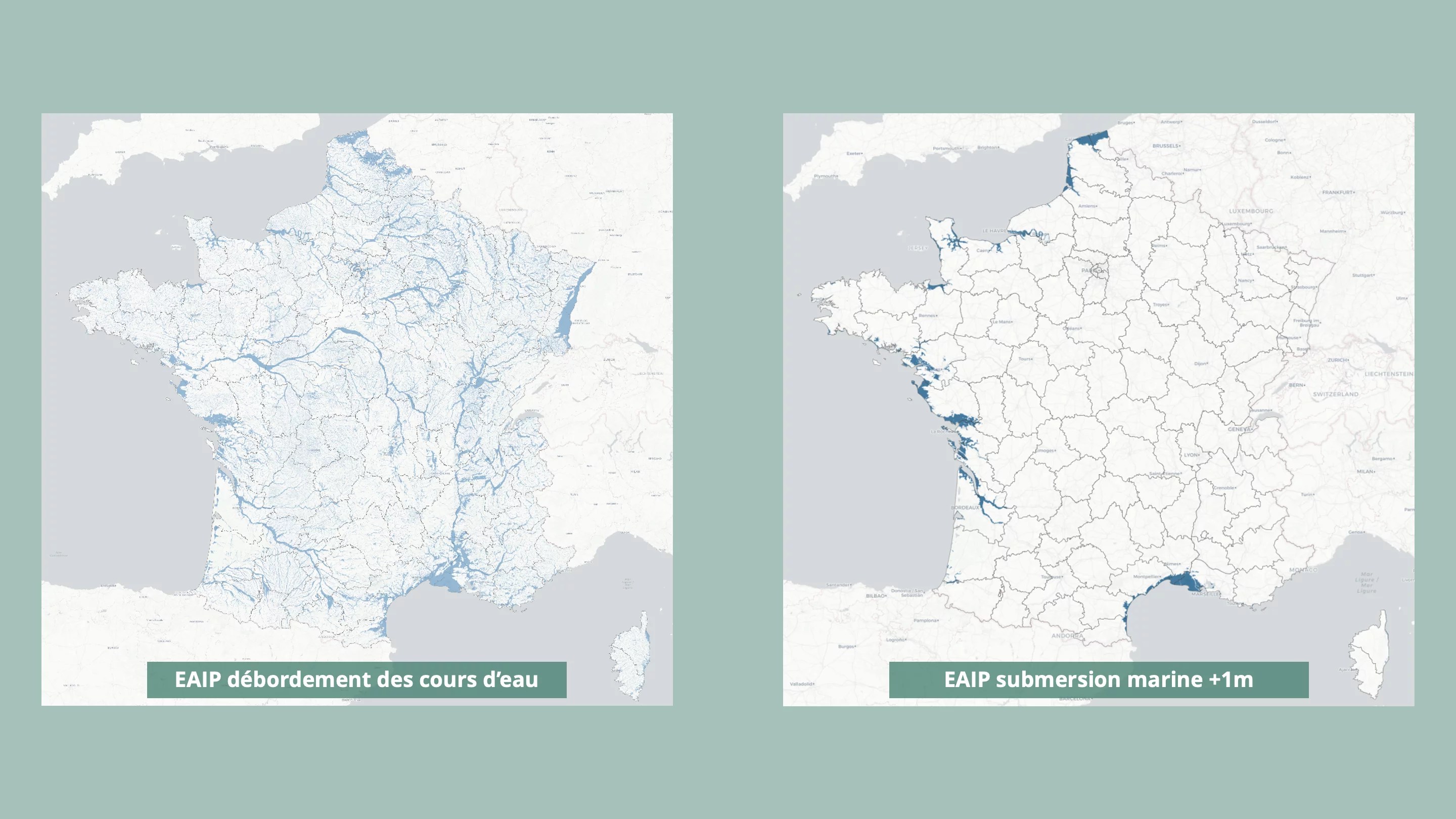 Cartes des EAIP sur les « débordements de cours d’eau » et sur la « submersion marine ».