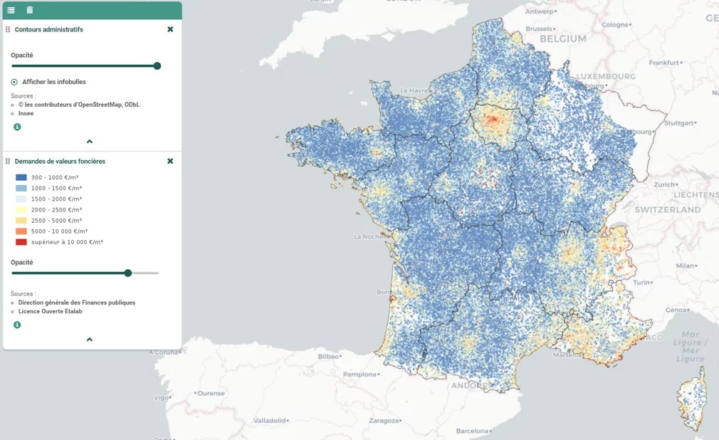 Carte des prix de l'immobilier en France, hors Alsace Moselle