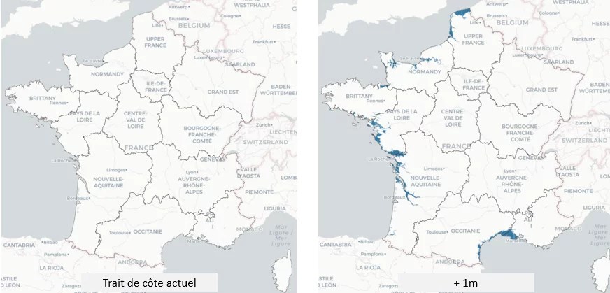 Carte de France comparant l'augmentation du niveau de la mer entre le trait de côte + 1m et le trait de côté actuel