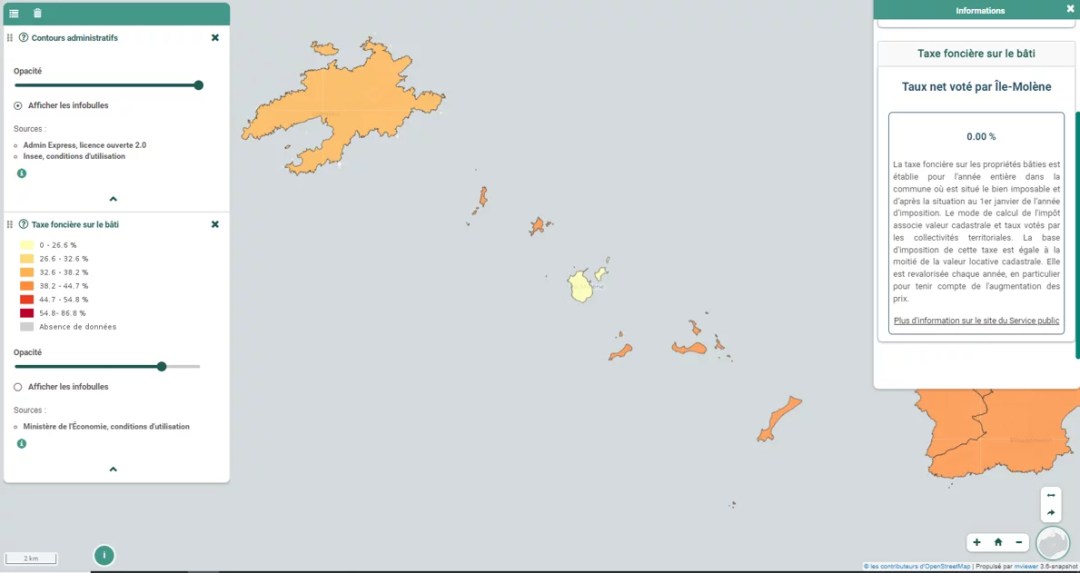 Carte de l'île-Molène représentant la taxe foncière sur le bâti à 0%