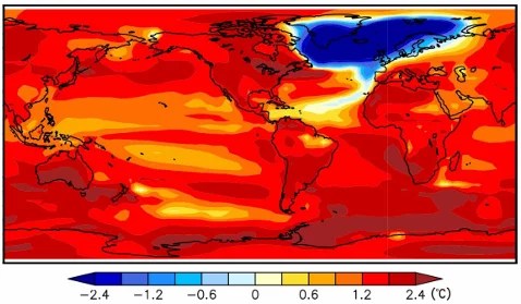 Carte mondiale simulant l’évolution des températures moyennes annuelles dans un scénario de doublement des émissions de CO₂ avec effondrement de la circulation thermohaline AMOC, montrant un refroidissement marqué de l’Atlantique Nord et un réchauffement global généralisé (source Science, 2024).