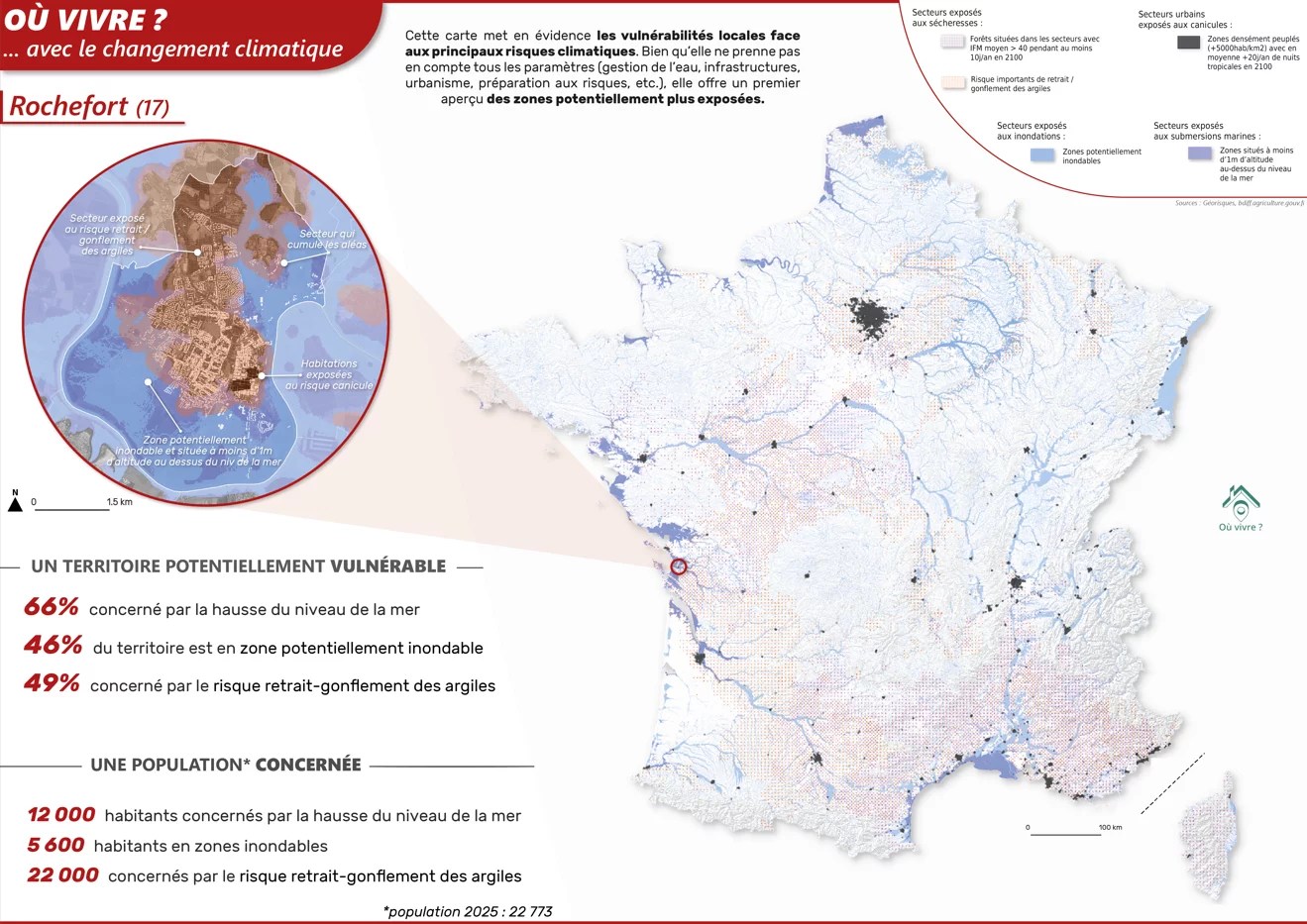 Carte des vulnérabilités climatiques locales en France métropolitaine montrant les zones exposées aux sécheresses, canicules, inondations et submersions marines, avec zoom sur Rochefort (17) illustrant les secteurs à risque liés à la hausse du niveau de la mer, aux zones potentiellement inondables et au retrait-gonflement des argiles.