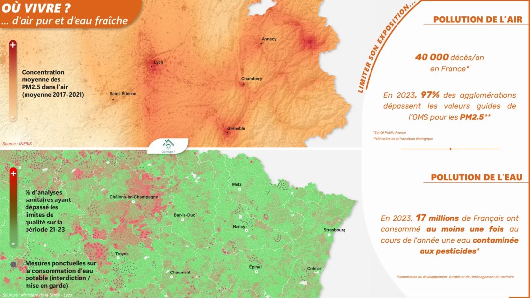 Cartes illustrant la qualité de l’air et de l’eau en France : concentration moyenne des particules fines PM2.5 (2017–2021) dans la région Auvergne-Rhône-Alpes et taux d’analyses sanitaires dépassant les limites de qualité de l’eau potable entre 2021 et 2023, avec localisation des restrictions temporaires de consommation.