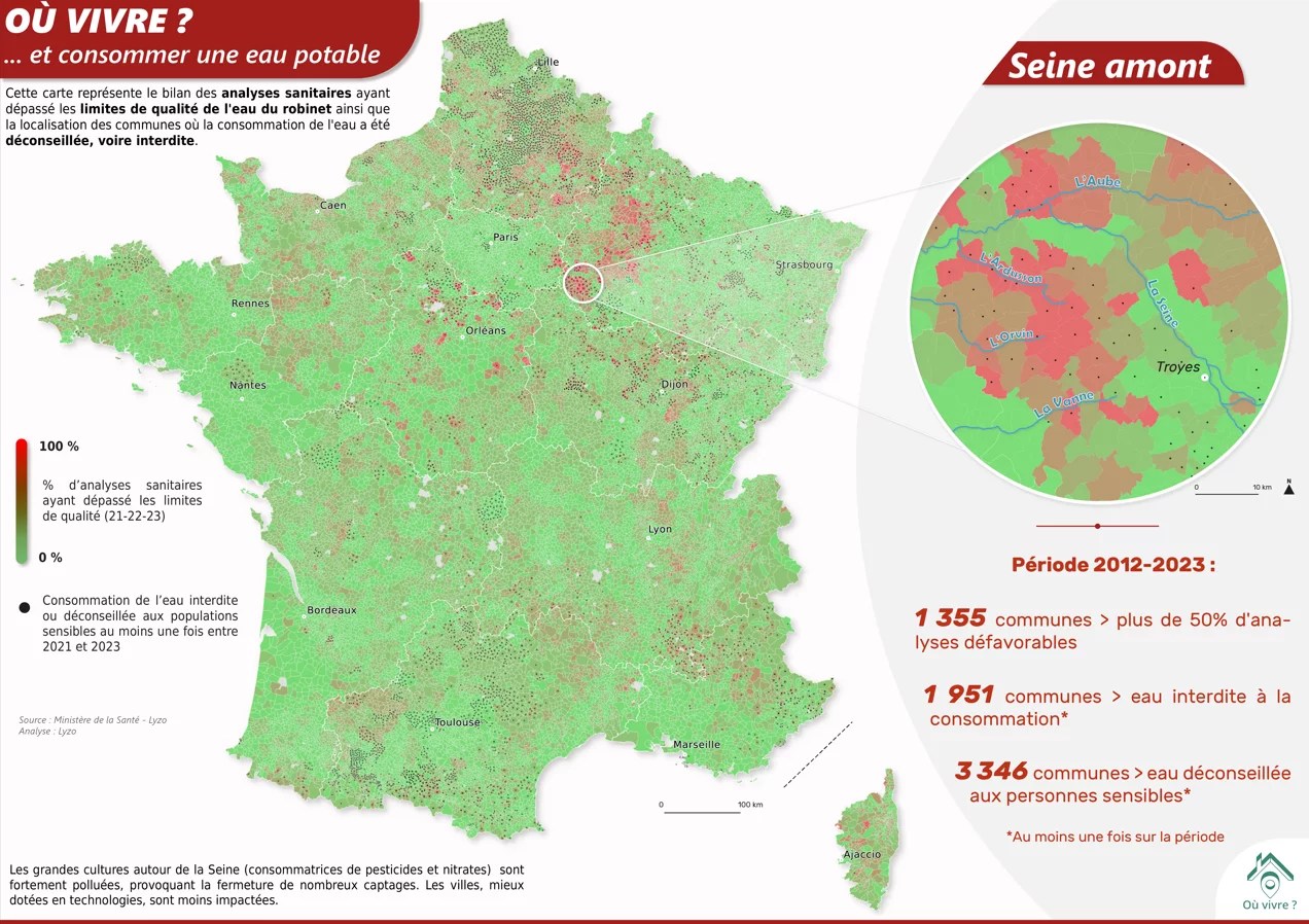 Carte de la qualité de l’eau potable en France métropolitaine montrant le pourcentage d’analyses sanitaires dépassant les limites réglementaires entre 2021 et 2023, les communes ayant connu des interdictions ou restrictions de consommation, avec un zoom sur la Seine amont où les captages sont fortement impactés par l’usage agricole de pesticides et nitrates. Sources : Ministère de la Santé, Lyzo (analyse), données 2021-2023.